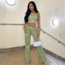 Slash Shoulder Sleeveless Tank Tops And Pants PU Suit GPBY-13516