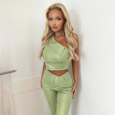 Slash Shoulder Sleeveless Tank Tops And Pants PU Suit GPBY-13516