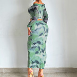 One Shoulder Print Long Sleeve Two Piece Skirts Set GPBY-14536