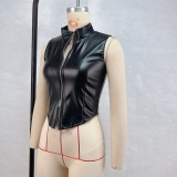 Sexy Backless Sleeveless Zipper PU Vest GPBY-16354