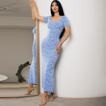 Print Short Sleeve Slim Maxi Dress GPBY-15195
