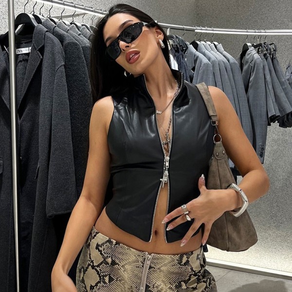 Sexy Backless Sleeveless Zipper PU Vest GPBY-16354