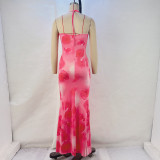 Print Halterneck Tie Up Fishtail Dress GPBY-15432