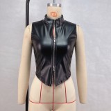 Sexy Backless Sleeveless Zipper PU Vest GPBY-16354