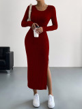 Solid Color Long Sleeve Split Midi Dress GYSQ-CDEF1830