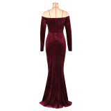 Long Sleeve Off Shoulder Split Maxi Dress AIL-303