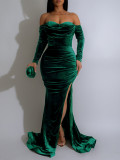 Long Sleeve Off Shoulder Split Maxi Dress AIL-303