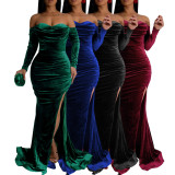 Long Sleeve Off Shoulder Split Maxi Dress AIL-303