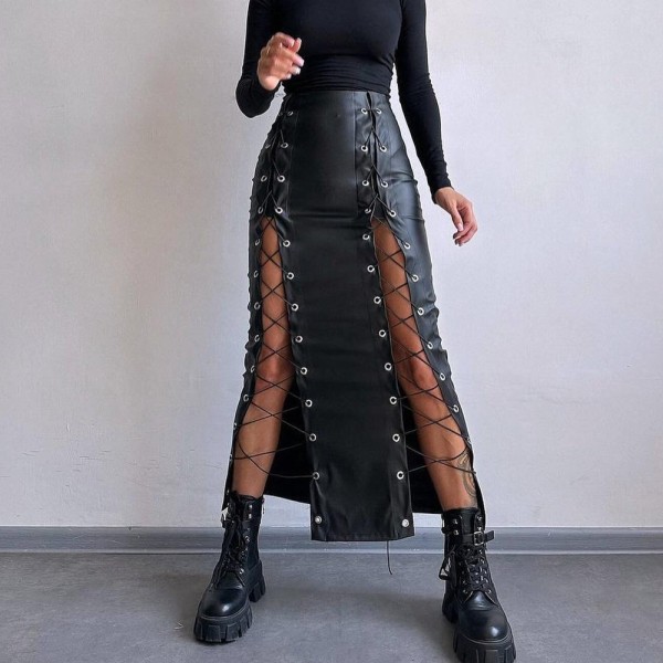 Solid Color Split Tie Up Long Skirt GPBY-16556