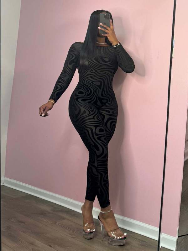 Print Long Sleeve Backless Skinny Jumpsuit GCNF-0226