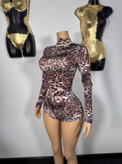Leopard Print Long Sleeve Skinny Romper YUEM-610660