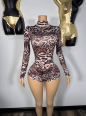 Leopard Print Long Sleeve Skinny Romper YUEM-610660