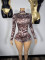 Leopard Print Long Sleeve Skinny Romper YUEM-610660