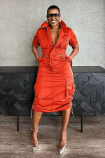Plus Size Multi-pockets Drawstring Midi Dress NY-3320