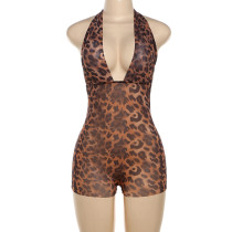 Deep V Neck Halterneck Leopard Romper YUEM-900900