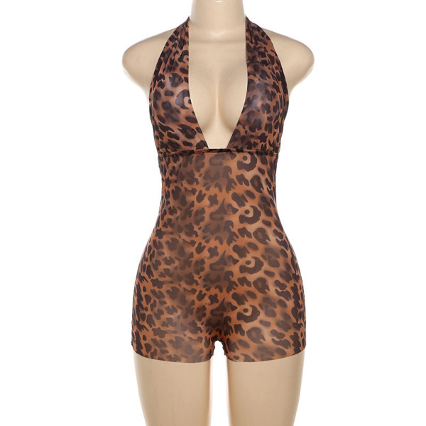 Pre Order: About 7 work days shipping Deep V Neck Halterneck Leopard Romper YUEM-900900