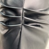 PU Leather Pleated Split Skirt Suit GPBY-232