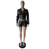 PU Leather Long Sleeve Zipper Short Suit MEM-88619