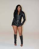 PU Leather Long Sleeve Zipper Short Suit MEM-88619