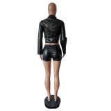 PU Leather Long Sleeve Zipper Short Suit MEM-88619