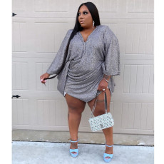 Plus Size V Neck Loose Sequin Mini Dress GCNF-352