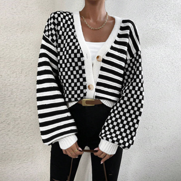 Plaid Patchwork Stripe Knits Coats GDAM-1027