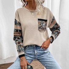 Loose Print Color Block Knits Tops GDAM-7198