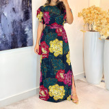 Print Ruffled Sleeve Tie Up Split Maxi Dress GYLY-10593