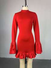 Flare Sleeve Solid Ruffled Mini Dress GCNE-7941