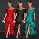 Plus Size Solid One Shoulder Lace Maxi Dress NY-10960