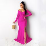Sexy V Neck Off Shoulder Split Long Evening Dress AIL-143