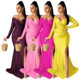 Sexy V Neck Off Shoulder Split Long Evening Dress AIL-143