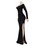 Sexy V Neck Off Shoulder Split Long Evening Dress AIL-143