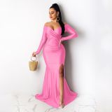 Sexy V Neck Off Shoulder Split Long Evening Dress AIL-143