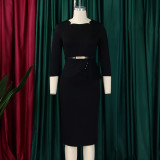 Plus Size Solid Color 3/4 Sleeve Midi Dress GMLF-3312