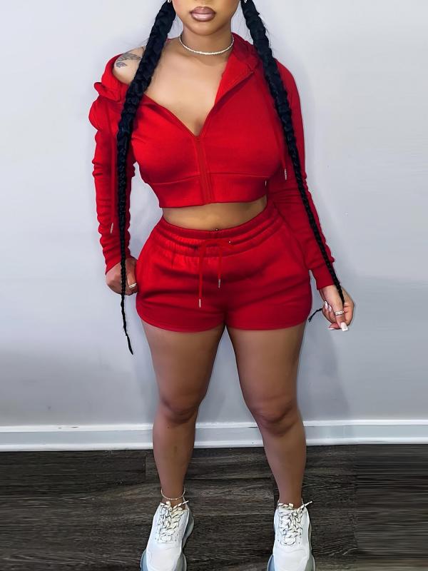Solid Color Zipper Sweatshirt Two Piece Shorts Set GLF-10011