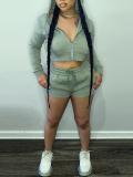 Solid Color Zipper Sweatshirt Two Piece Shorts Set GLF-10011