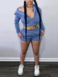 Solid Color Zipper Sweatshirt Two Piece Shorts Set GLF-10011
