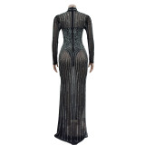 Hot Drill Mesh High Split Maxi Dress BY-6866