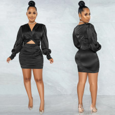 Solid Color Long Sleeve Hollow Out Midi Dress BY-5583