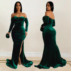 Solid Color Off Shoulder Split Evening Dress BY-7157