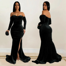 Solid Color Off Shoulder Split Evening Dress BY-7157
