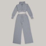 Plus Size Solid Hooded Sweatshirt Wide Leg Pants Suit NY-10969