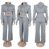 Plus Size Solid Hooded Sweatshirt Wide Leg Pants Suit NY-10969