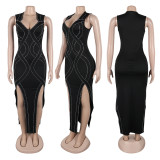 Hot Drill Sleeveless Split Long Dress NY-3331