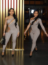Stripe Print Single Shoulder Long Sleeve Jumpsuit YUEM-2025001