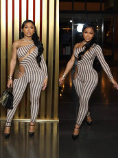 Stripe Print Single Shoulder Long Sleeve Jumpsuit YUEM-2025001