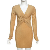 V Neck Long Sleeve Solid Mini Dress XEF-K24D60612