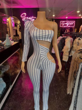 Stripe Print Single Shoulder Long Sleeve Jumpsuit YUEM-2025001