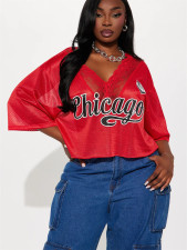 Letter Print V Neck Lace T Shirt YWXS-XS-XSL44780